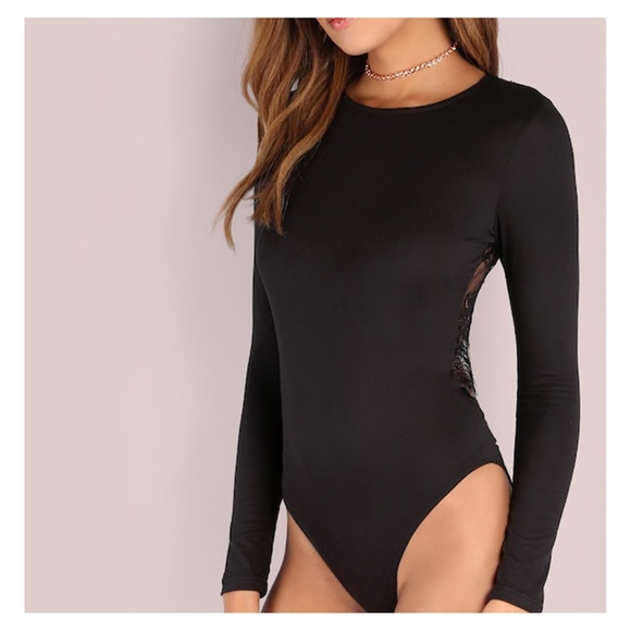 Black Long Sleeve Backless Lace Details Bodysuit - Picture 2 of 6
